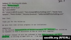 TeliaSonera ижрочилари 2007 йилда ёзган имейллардан бирида Гулнора Каримова одамлари билан алоқа ўрнатилгани ёзилган.