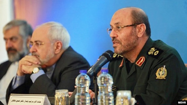 Former defense minister and current advisor to Khamenei, Hossein Dehghan and foreign minister Mohammad Javad Zarif in a press conference in Tehran, undated.