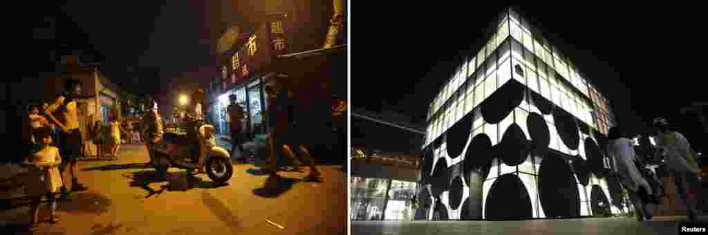 A shopping street in a migrant workers&#39; neighborhood in Beijing, and a luxury-brand store at a shopping complex in Sanlitun, known as center for high-end shopping. 