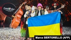 Ukraine's Kalush Orchestra pose after winning the 2022 Eurovision Song Contest in Turin, Italy, on May 15.
