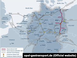 Схема трубопроводу Opal, яка проходить територією Німеччини (позначений червоним)