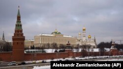 RUSSIA -- A view of Kremlin' Grand Kremlin Palace, center, Towers, Churches and frozen Moskva (Moscow) river in Moscow, February 14, 2018