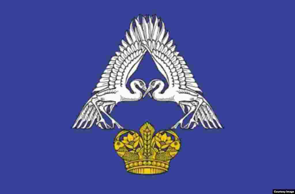 Probably the fanciest one of the bunch. The A is for the river Akhtuba, after which the district – called Sredneakhtubinsky, in the Volgograd region – is named. The cranes are for “cheerfulness and love,” and the crown symbolizes the region’s wealth.
