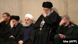 Iranian Supreme Leader Ayatollah Ali Khamenei, President Hassan Rouhani and the newly-appointed commander of the Qods Force Ismail Qaani, attend a mourning ceremony for slain top general Qassem Soleimani. January 9, 2020 