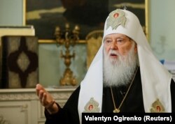 Patriarch Filaret, head of the Ukrainian Orthodox Church of the Kyiv Patriarchate, speaks during an interview with Reuters in Kyiv, says he would gladly head an independent Ukrainian church.