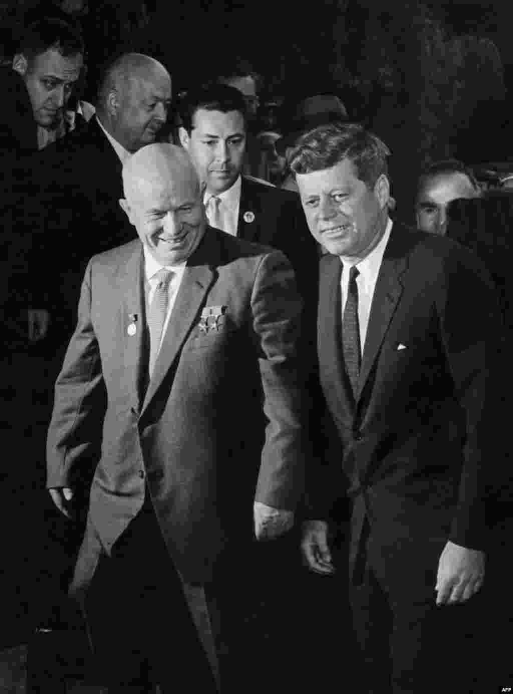 Khrushchev joins U.S. President John F. Kennedy at their first meeting on June 3, 1961 in Vienna, one year before the beginning of the Cuban missile crisis. Kennedy ordered a blockade of Cuba in October 1962 after the Soviet Union began to transport missiles to the island.