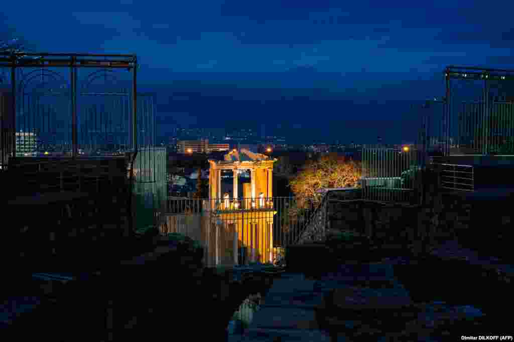 A night view of Plovdiv's Roman amphitheater. The structure was buried for centuries, and was excavated in the 1970s after a landslide helped uncover it. 