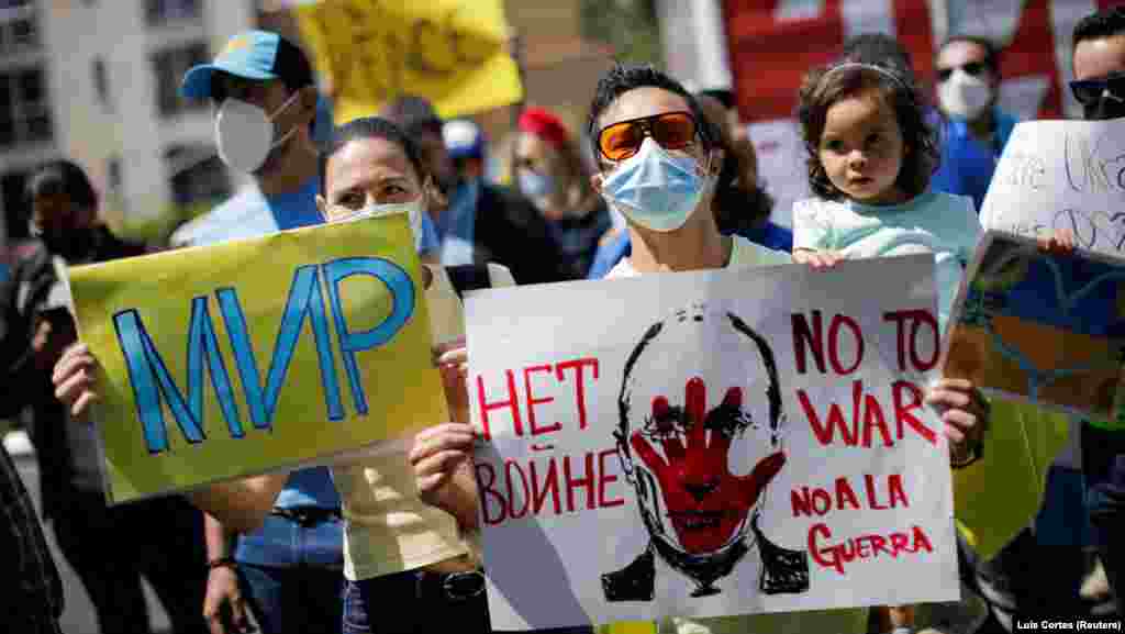 An anti-war protest outside the Russian Embassy in Mexico City on February 26.