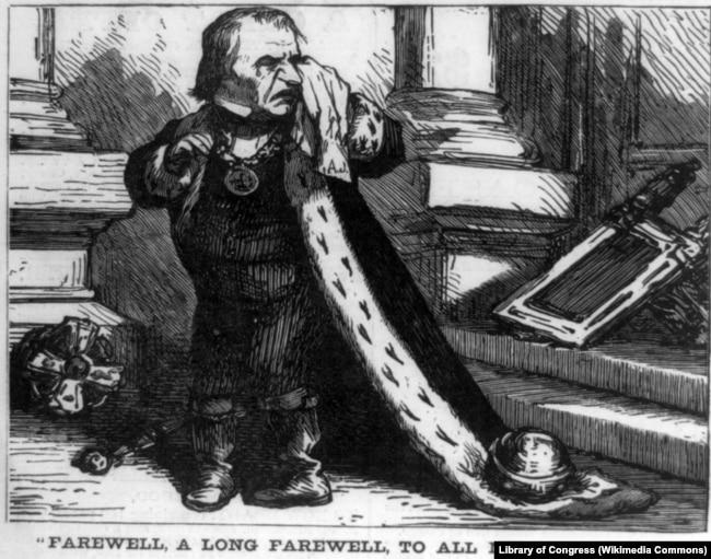 Карикатура неизвестного художника изображает покидающего президентский кабинет Эндрю Джонсона. При этом он произносит реплику впавшего в опалу кардинала Вулси из пьесы Шекспира "Генрих VIII". В переводе Бориса Томашевского она звучит так: "Прощай же, мой ничтожным ставший жребий! Вот участь человека!"