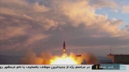 A TV grab taken on September 23, 2017 from the Iranian Republic Islamic Broadcasting (IRIB) shows a Khoramshahr missile being launched from an undisclosed location.