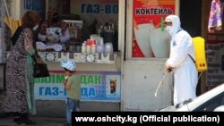 A man in a protective suit with disinfectant spray in a market in the Kyrgyz city of Osh (file photo)