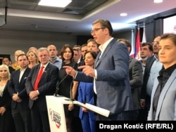 Serbian President Aleksandar Vucic speaks at Serbian Progressive Party (SNS) headquarters in Belgrade during the national election in June 2020.