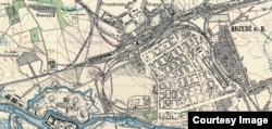 Фрагмент карты г. Бреста и окрестностей 1925 г. В левой нижней части – Кобринское укрепление и Цитадель Брестской крепости