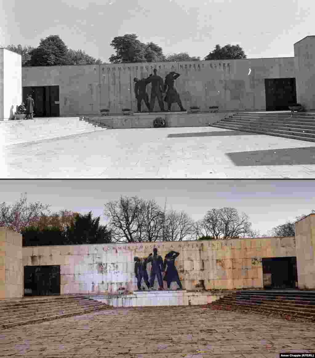 Budapest 1968-2019 One prominent communist monument that has remained untouched is the Pantheon of the Labor Movement in Budapest’s Fiumei Road Graveyard. Scores of urns inside the crypt hold the ashes of prominent Hungarian communists, though most spaces today remain empty. The inscription above the three figures says “They lived for communism and the people.” 1968 photo: Fortepan/Lechner Nonprofit Kft. Dokumentacios Kozpont