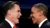 Кандидаты в президенты США Митт Ромни и Барак Обама, действующий президент во время телевизионных дебатов. Колорадо, Денвер, 3 октября 2012 года. 