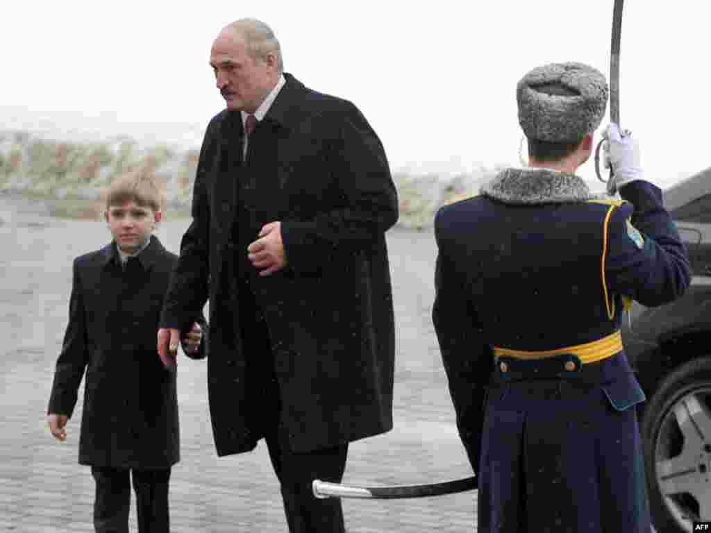 Lukashenka and Kolya arrive to attend his swearing-in at the Palace of the Republic in Minsk on January 21, 2011.