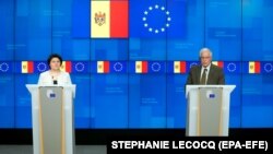 Prim-ministra Republicii Moldova, Natalia Gavrilița, și înaltul reprezentant pentru Afaceri Externe al Uniunii Europene, Josep Borrell, susțin o conferință de presă comună. Belgia, 28 octombrie 2021