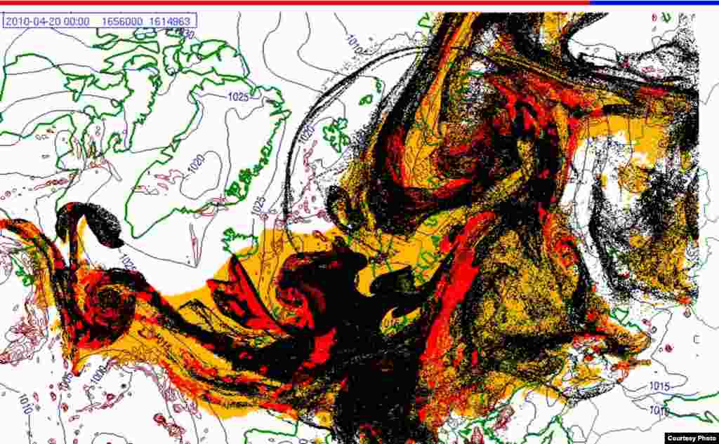 Проектирано движење на исландскиот облак од пепел (20.4. 0000 UTC) - Овие слики покажуваат проекција на движењето на облаците пепел од вулканска ерупција на Исланд низ Европа. Боите на сајтот претставуваат: жолто: пепел што ќе падне сам по себе црвено: пепел што ќе падне од врнежи црна: вистинскиот облак со пепел облак Извор: Норвешки Метеоролошки Институт