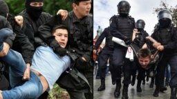 Задержание на антиправительственном протесте в Алматы (слева) и задержание в Москве во время митинга «за справедливые выборы».