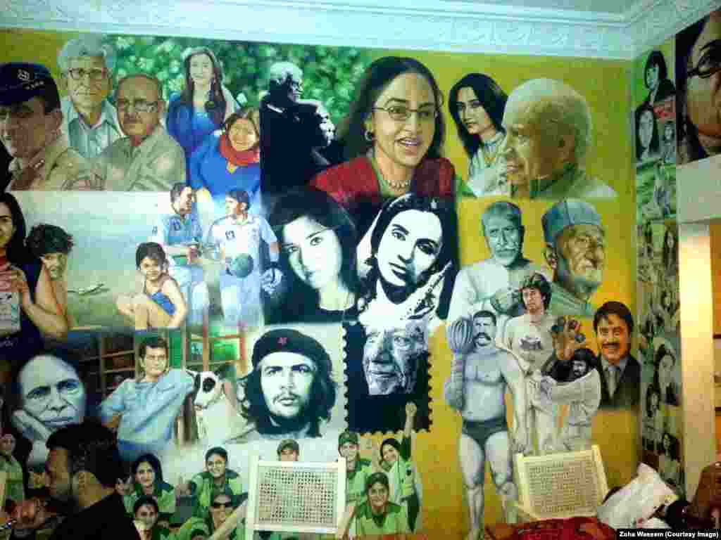 At the Roadside Cafe in Karachi, an artist&#39;s mural celebrates prominent Pakistani figures.