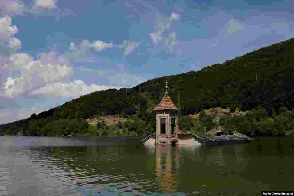 The flooded Church of St. Nicholas, in Macedonia's Mavrovo Lake.