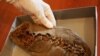 A researcher holds the ancient shoe at the Armenian Institute of Archaeology and Ethnography.