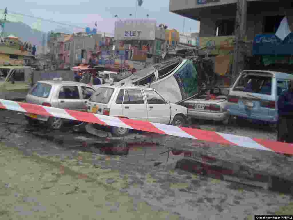 Police tape marks the site of the first bomb blast in Quetta, which killed 11 people and injured 27.