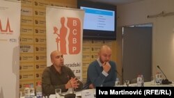 Sasa Đorđević i Bojan Elek iz BCBP na prezentaciji istraživanja 6. novembra 2018. u Beogradu 