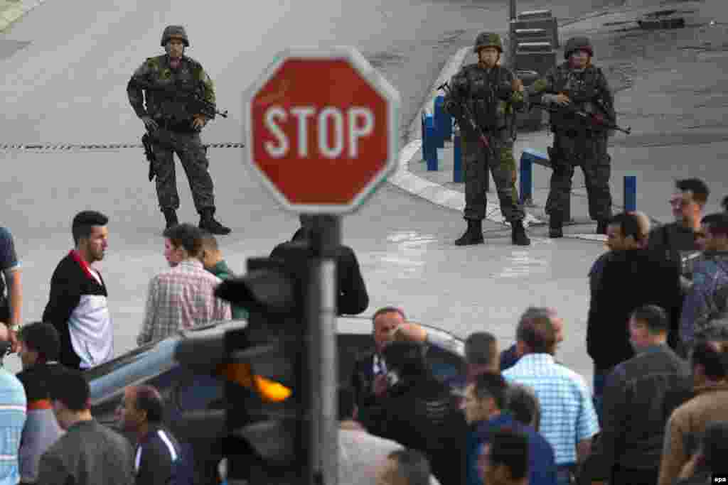 Police officers secure a street in Kumanovo.