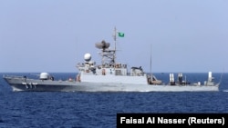 FILE - A Saudi warship is seen during ÒGulf Shield 1Ó exercise by members of Royal Saudi Navy, east of Saudi Arabia, October 9, 2016