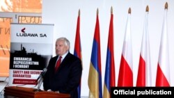 Armenia - A Polish defense industry official speaks at the inauguration of a Polish-Armenian joint venture in Charentsavan, 16Oct2014.