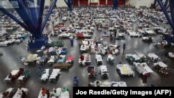 Adăpost pentru sinistrați la George R. Brown Convention Center, după inundațiile masive declanșate de uraganul Harvey la Houston, Texas, 29 august