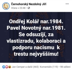 Проросійський активіст Їржі Черногорський «засудив» Ондржея Коларжа і Павела Новотного до смертної кари за «державну зраду, колаборантство і підтримку нацизму»