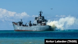 The large landing ship Nikolai Filchenkov takes part in military exercises of the Russian armed forces on the shore of the Black Sea outside the town of Gudauta, in the breakaway region of Abkhazia, in 2018.