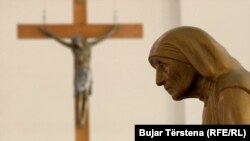 A statue of Mother Teresa is displayed in Catholic Cathedral in Pristina, Kosovo.