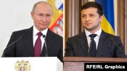 Președinții Vladimir Putin și Vladimir Zelensky, colaj iulie 2019.