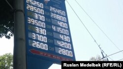 Курс обмена валюты на табло пункта обмена валюты в Алматы, 20 августа 2015 года.