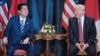 U.S. President Donald Trump (right) meets with Japanese Prime Minister Shinzo Abe in Italy in May.