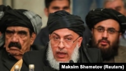 Head of the Taliban political office in Doha Sher Mohammad Abbas Stanakzai speaks at a conference in Moscow on February 5.
