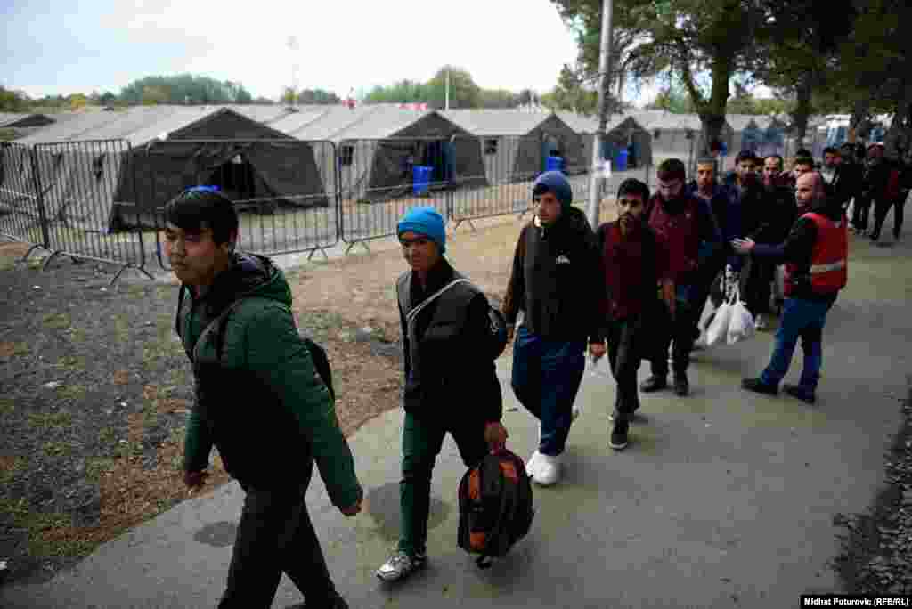 Izbjeglice sa Bliskog istoka prolaze pored šatora u prihvatnom centru u Opatovcu, pored grada Tovarnik u Hrvatskoj.Ovdje se vrši registracija izbjeglica koje su iz Srbije došle u Hrvatsku. Nakon registracije, izbjeglice nastavljaju put prema Sloveniji, većina izbjeglica želi da stigne u Njemačku.