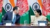 Afghan Foreign Minister Salahuddin Rabbani (L) with his Indian counterpart Sushma Swaraj in New Delhi.