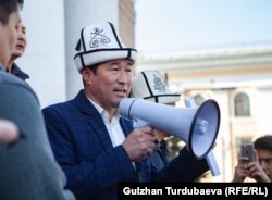 Kyrk Choro leader Zamirbek Kochorbaev speaks during a protest against a gay-pride march that was held in Bishkek in March.