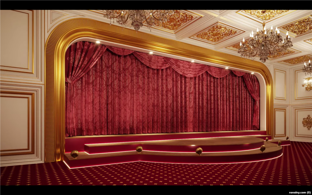Це цифрова візуалізація театру, показаного на планах будівлі. Навальний визнає, що деякі деталі візуалізації палацу і його кімнат можуть відрізнятися від реальності
