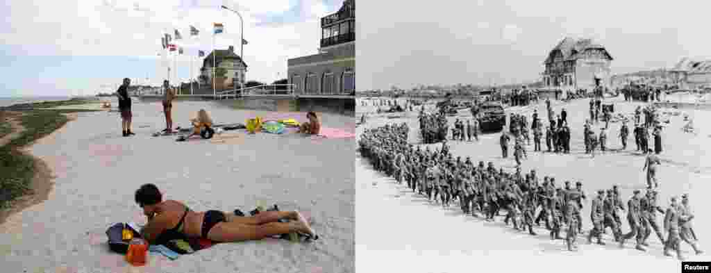 Нямецкія ваеннапалонныя ўздоўж пляжа Джуна пры пагрузцы на карабель да Ангельшчыны пасьля захопу іх Канадзкімі войскамі 6 чэрвеня 1944 г.