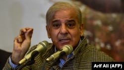 Shahbaz Sharif, opposition leader and brother of former Pakistani Prime Minister Nawaz Sharif, speaks during a press conference regarding his ill brother, in Lahore, on November 14.