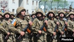 Nagorno-Karabakh - Karabakh Armenian soldiers march in a military parade in Stepanakert, 9May2012.