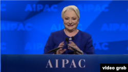 Romanian Prime Minister Viorica Dancila speaks at the AIPAC conference on March 24.