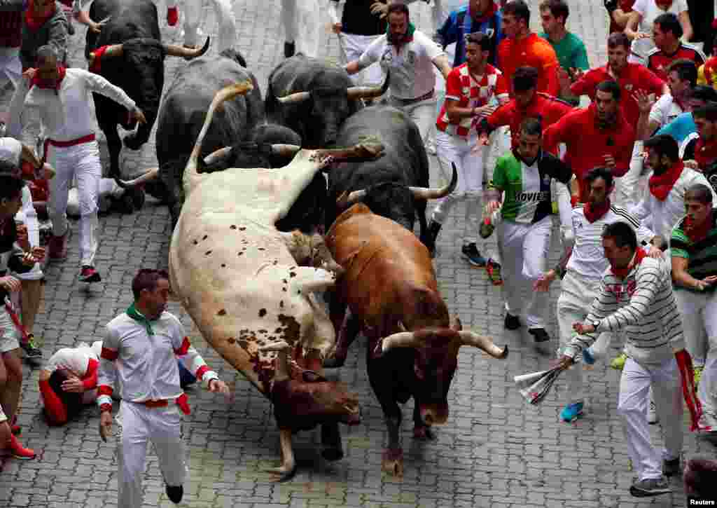 The last running of the bulls at the San Fermin festival in Pamplona, northern Spain, on July 14. (Reuters/Susana Vera)