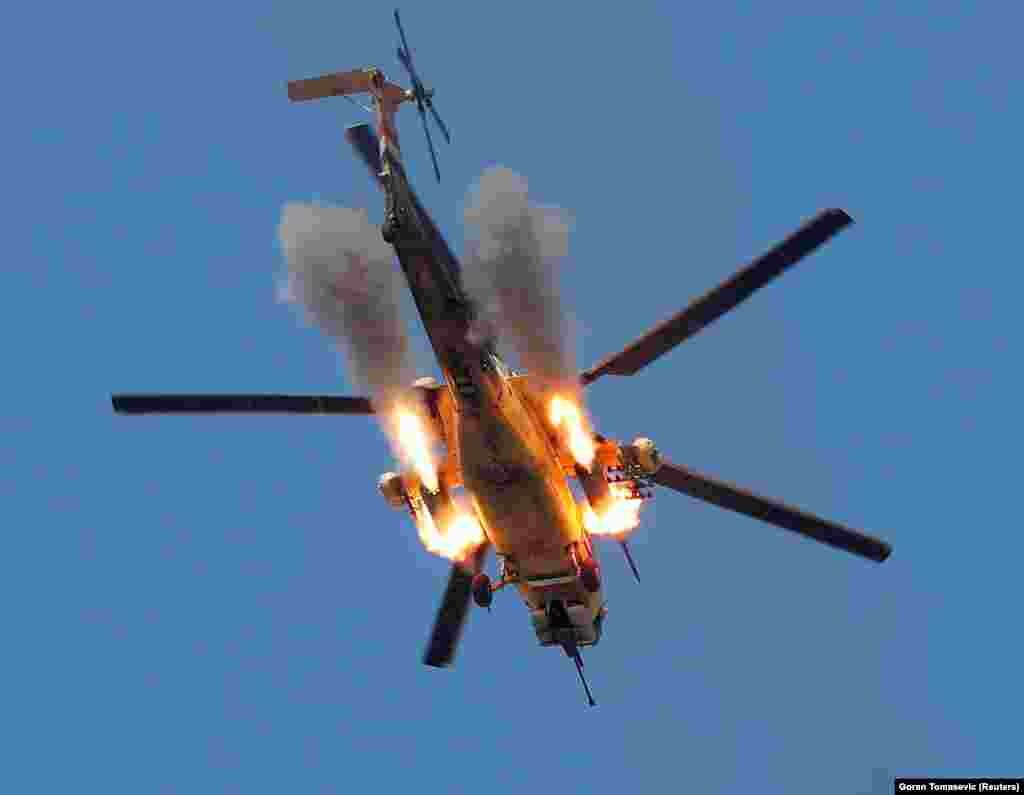 An Iraqi Army helicopter firing at Islamic State positions on February 26.