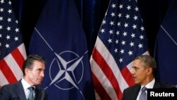 Президент США Барак Обама і генеральний секретар НАТО Андерс Фоґ Расмуссен, Брюссель, 26 березня 2014 року